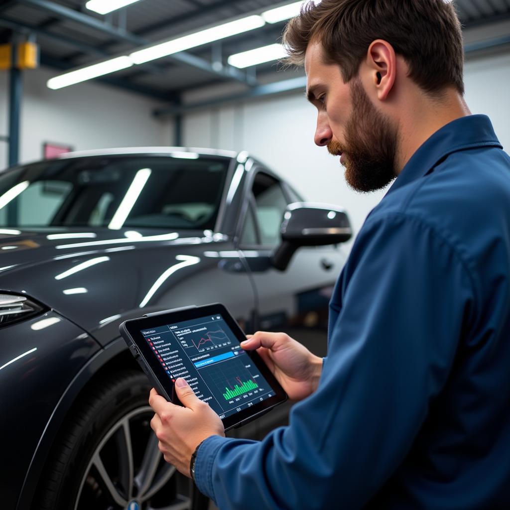 Mechanic Using a Scan Tool to Diagnose a BMW