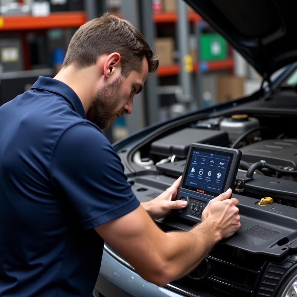 Mechanic Using Scan Tool in Workshop