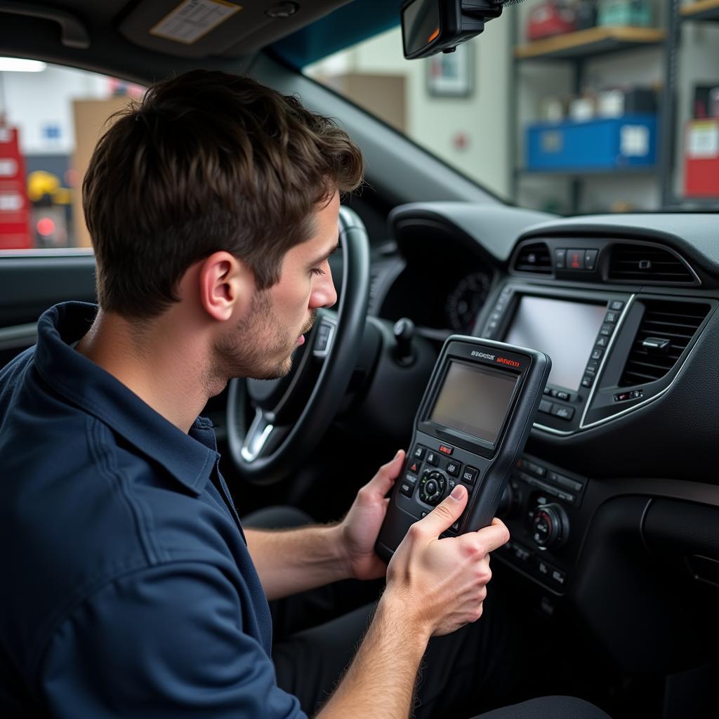 Mechanic Using a Scan Tool for Diagnostics