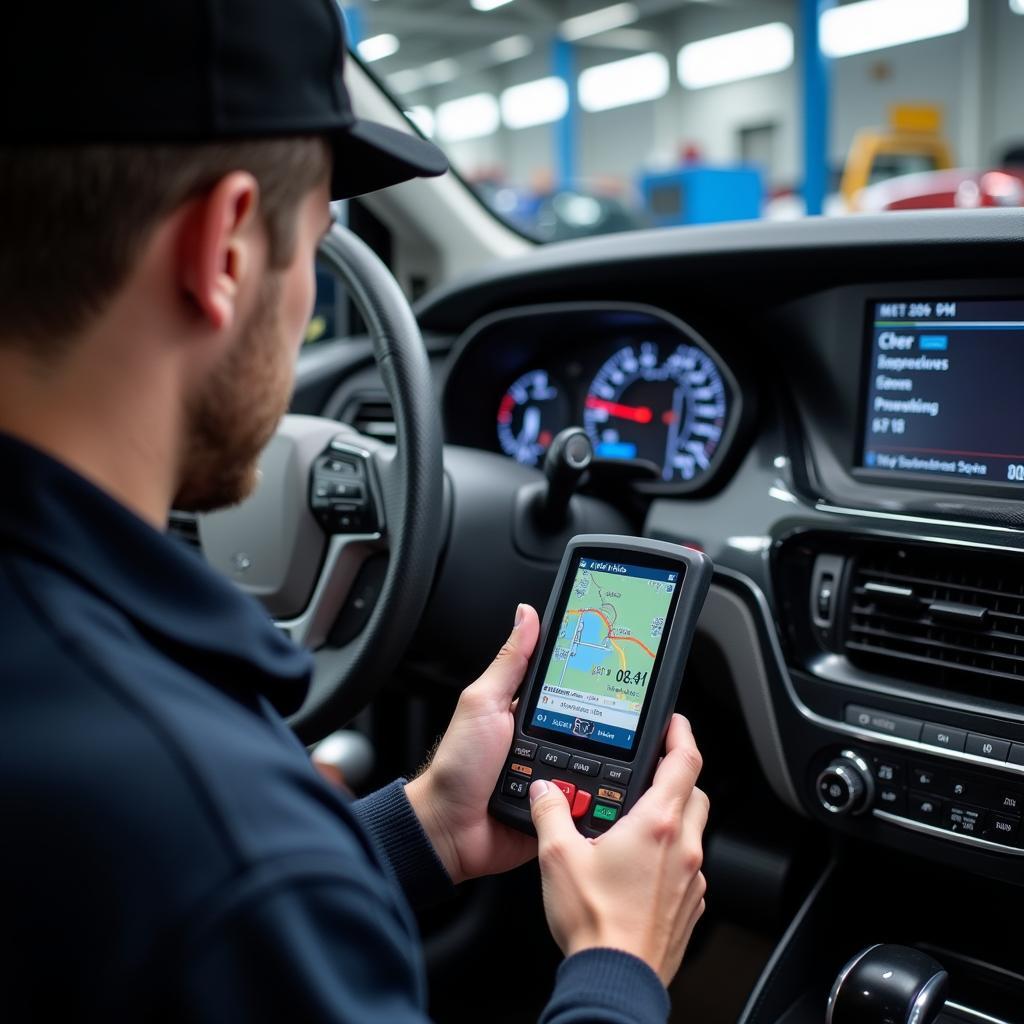 Mechanic using scan tool for advanced diagnostics