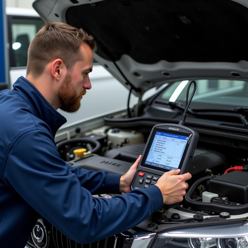 Mechanic Using Scan Tool for Diagnostics