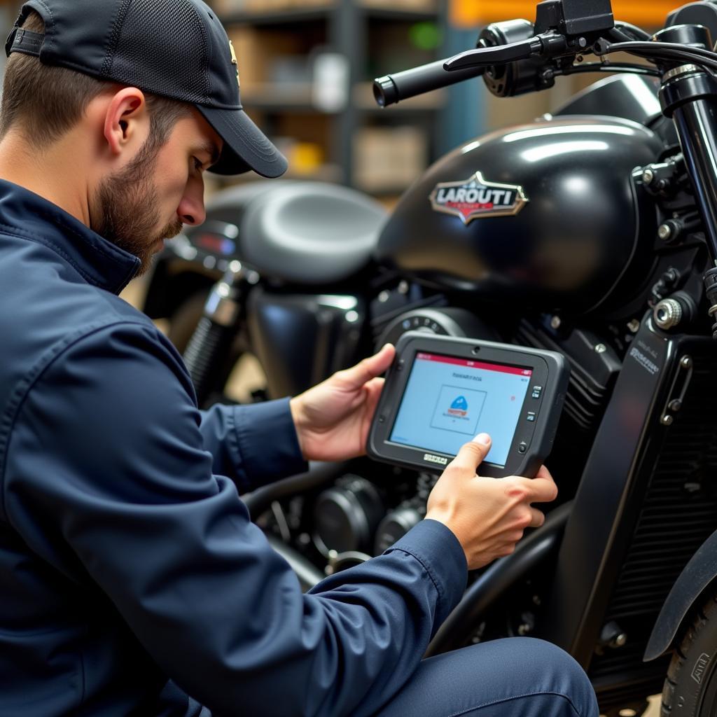 Mechanic Using Scan Tool for Motorcycle Maintenance