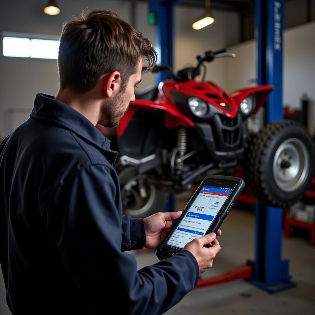 Mechanic Diagnosing an ATV with a Scan Tool