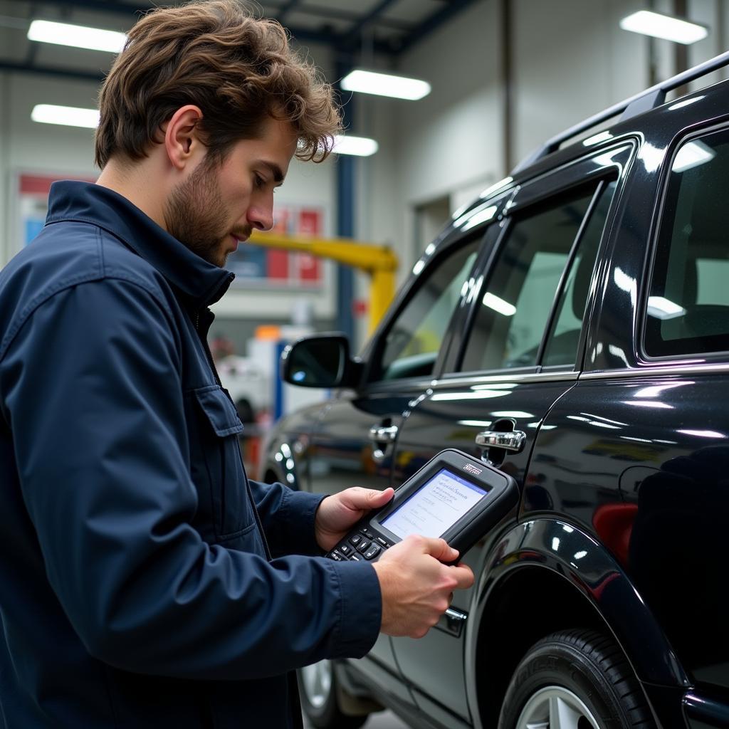 Mechanic Diagnosing a Bentley with a Scan Tool