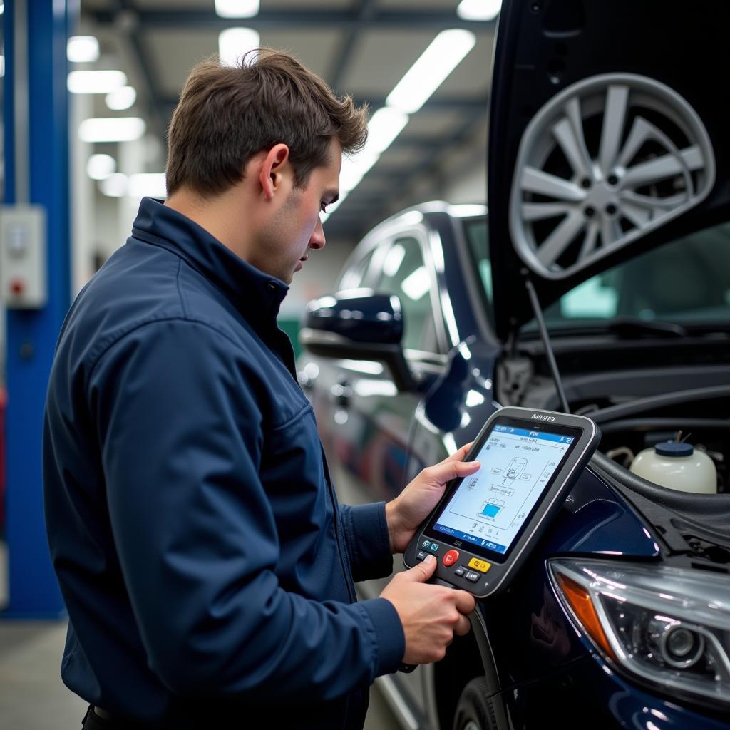 Mechanic using scan tool on car