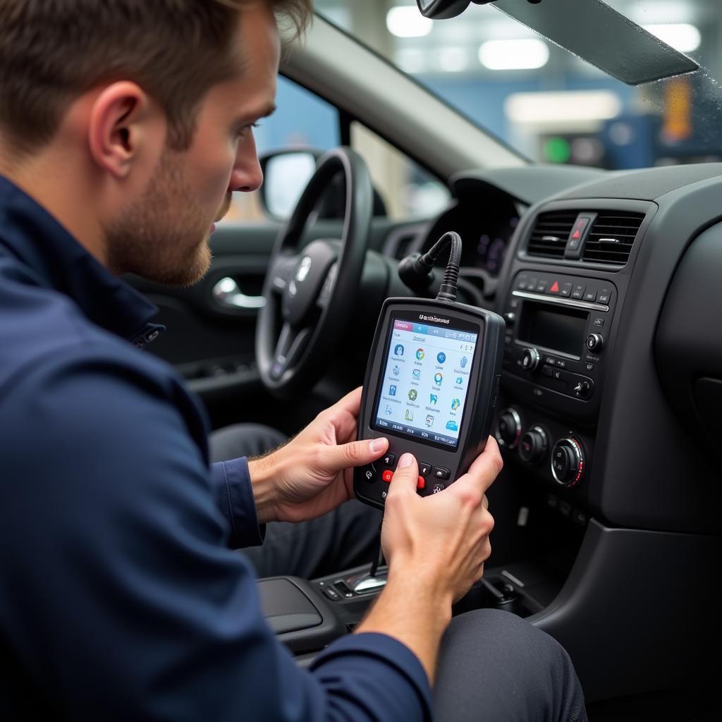 Mechanic Using a Scan Tool on a Car