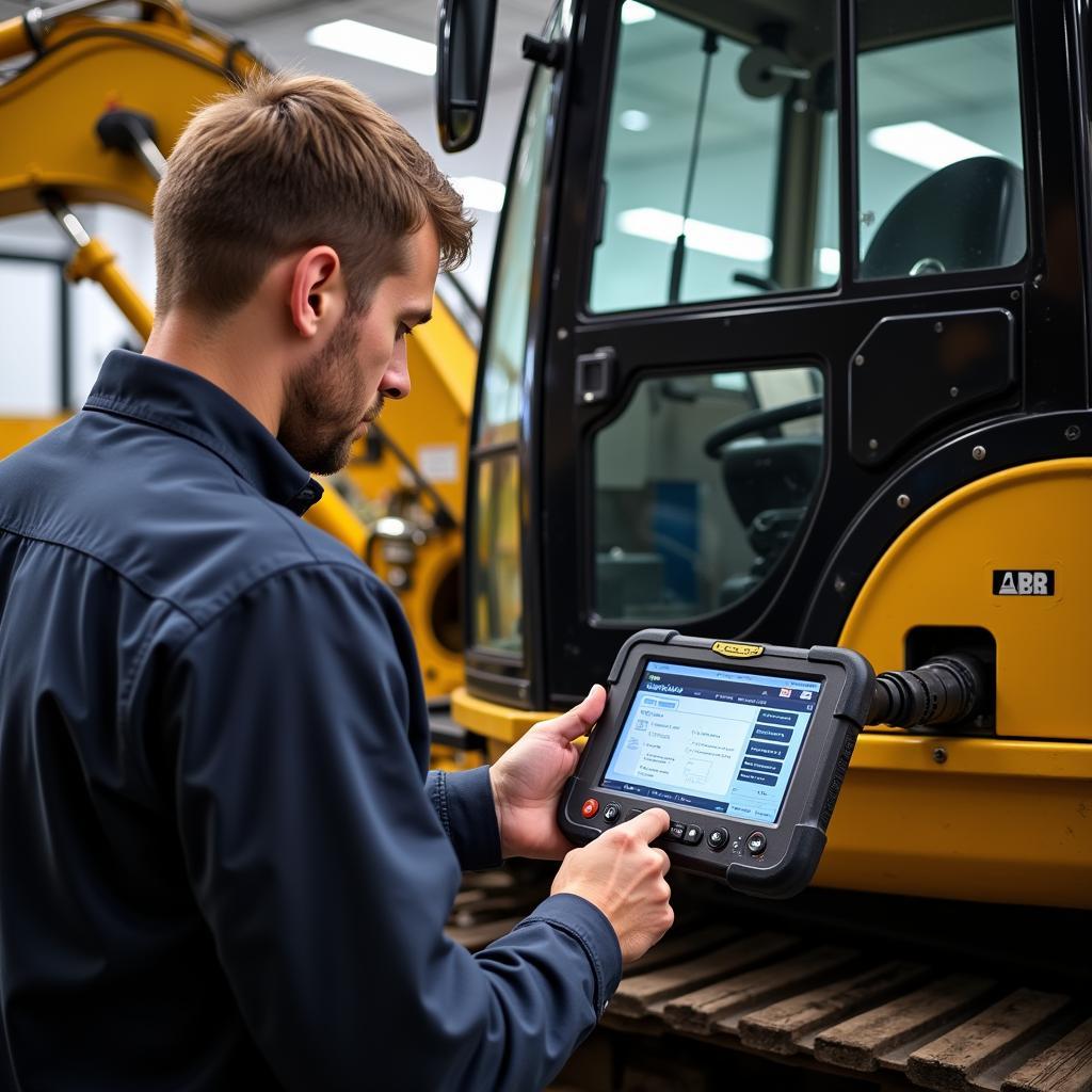 Mechanic Using Scan Tool on Construction Vehicle