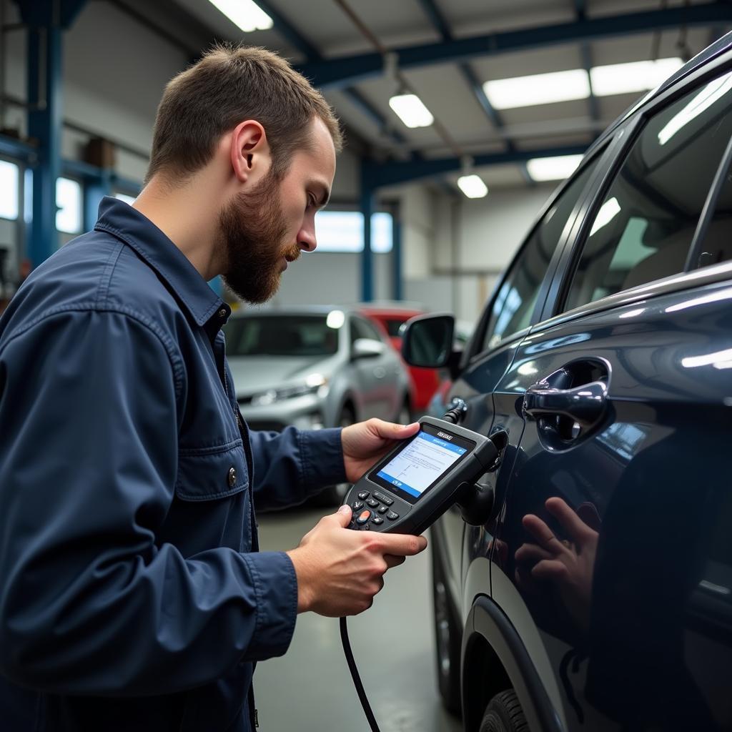 A mechanic using a scan tool to diagnose a car problem