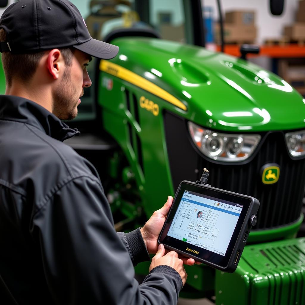 Mechanic analyzing data from a John Deere diagnostic scan tool