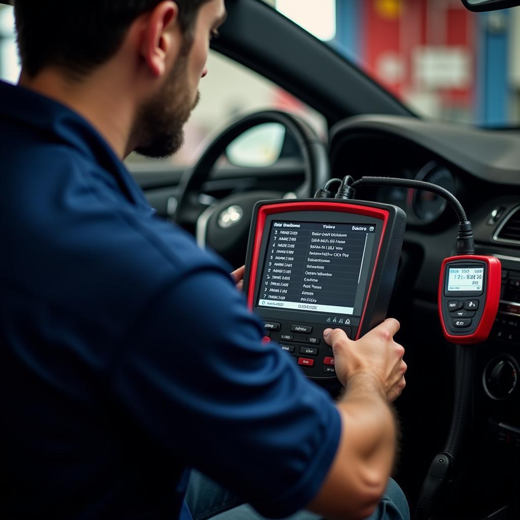 Mechanic diagnosing car problems with a scan tool displaying PIDs