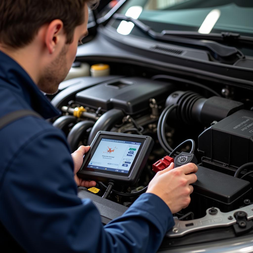 Mechanic Using Scanner on Car