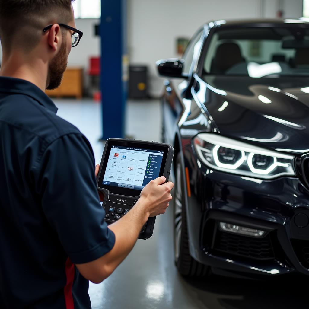 Mechanic Using Schwaben Foxwell Scanner on BMW