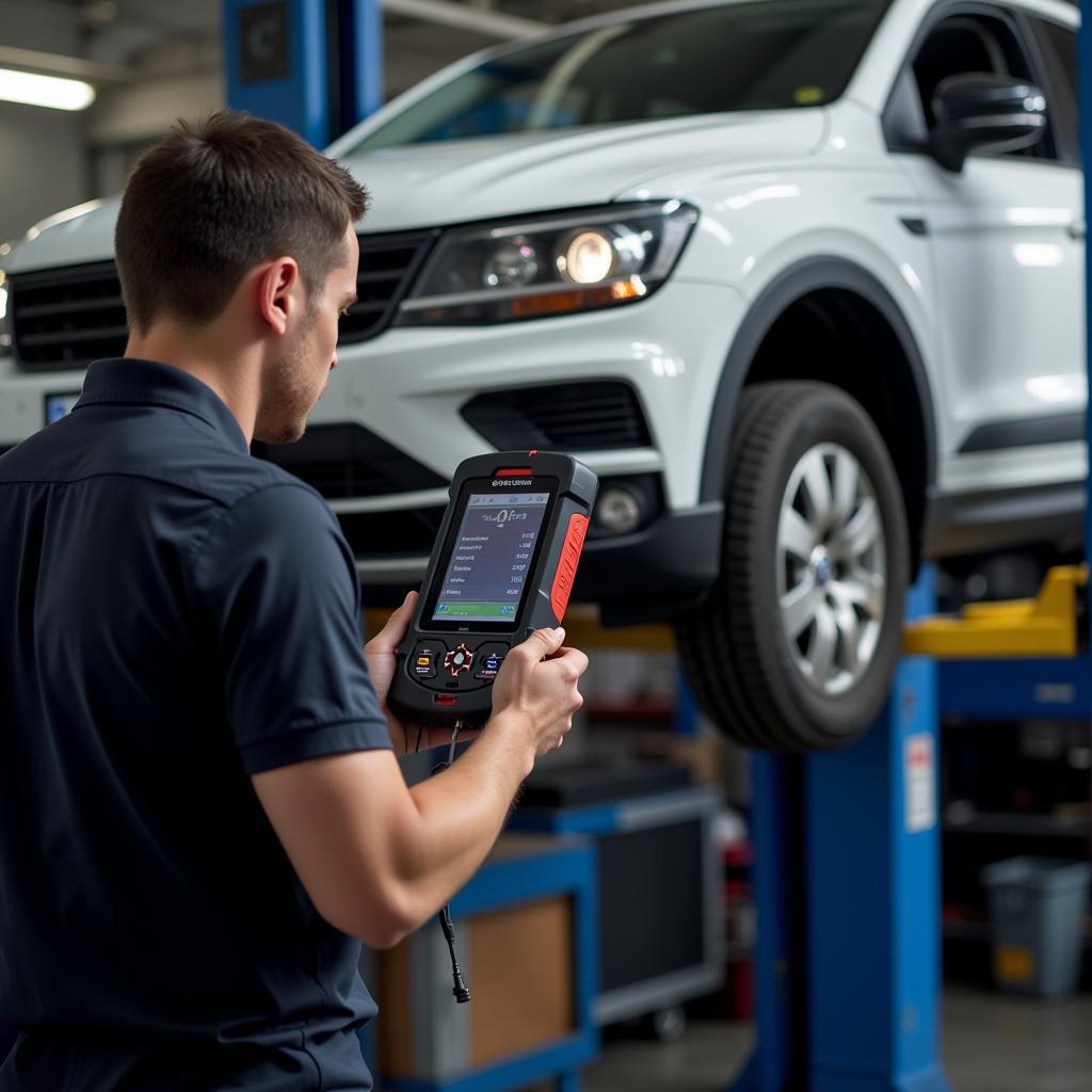 Mechanic Diagnosing a Car with a Star Auto Scanner