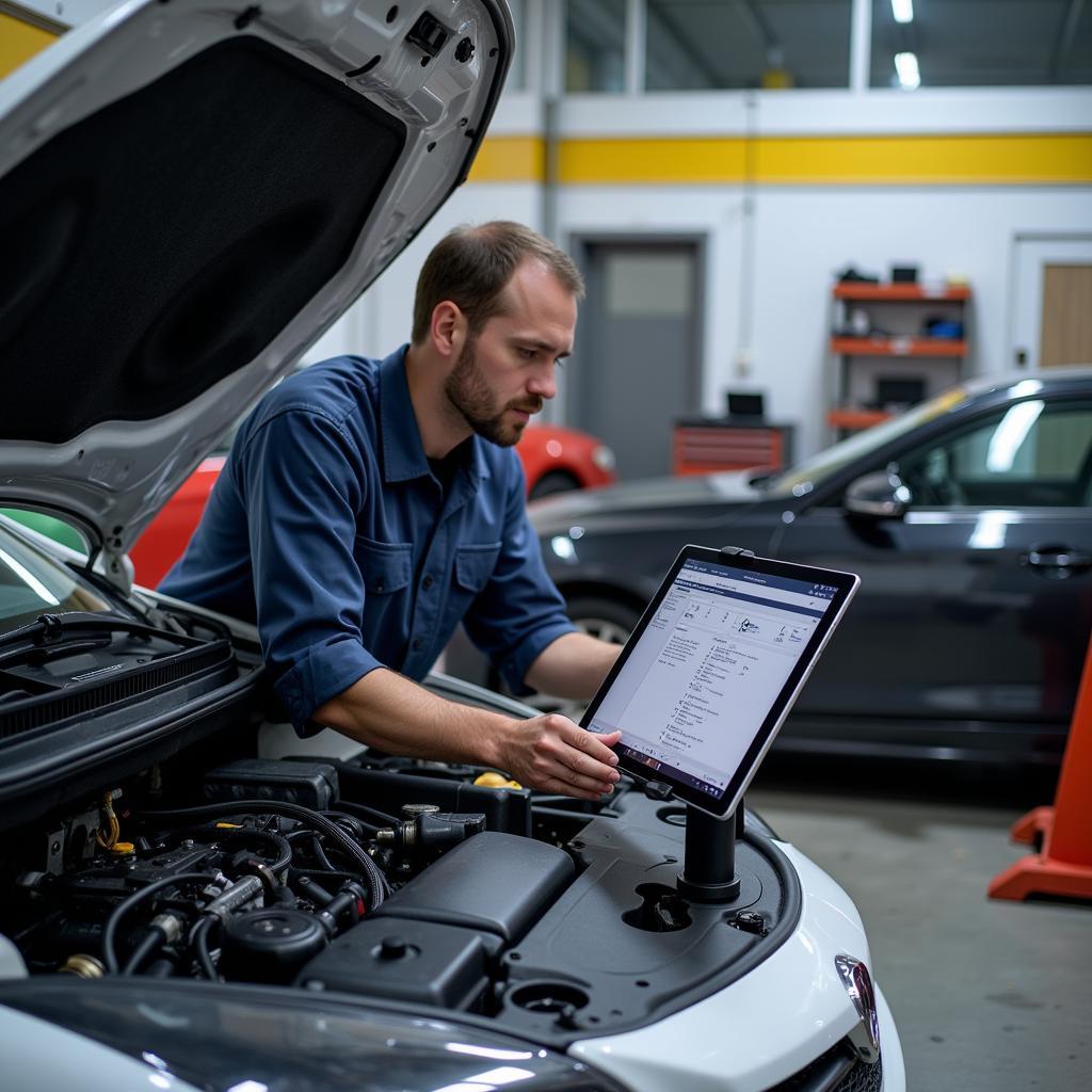 Mechanic Using Surface Pro in Garage for Diagnostics