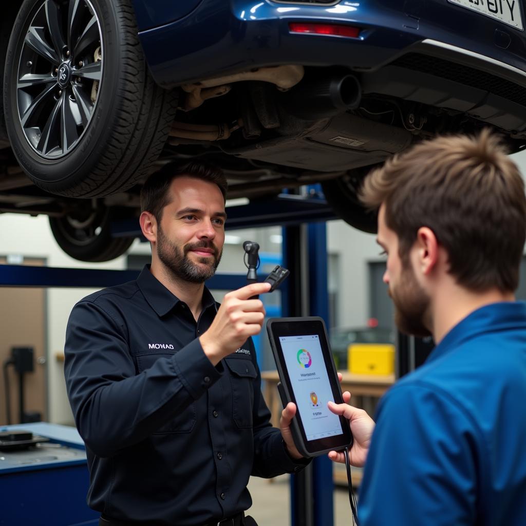 Mechanic using a tablet alongside traditional diagnostic equipment