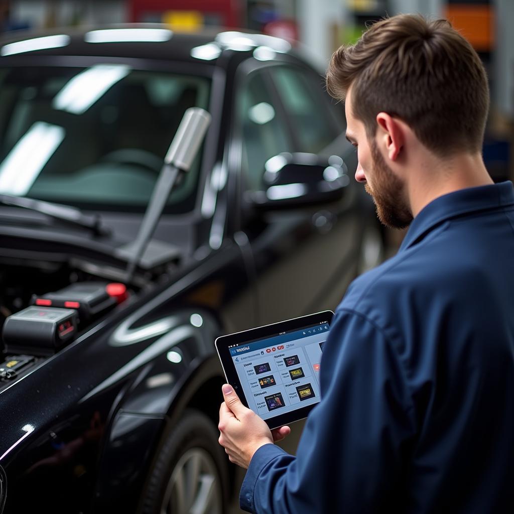 Mechanic Using Tablet for Car Diagnostics