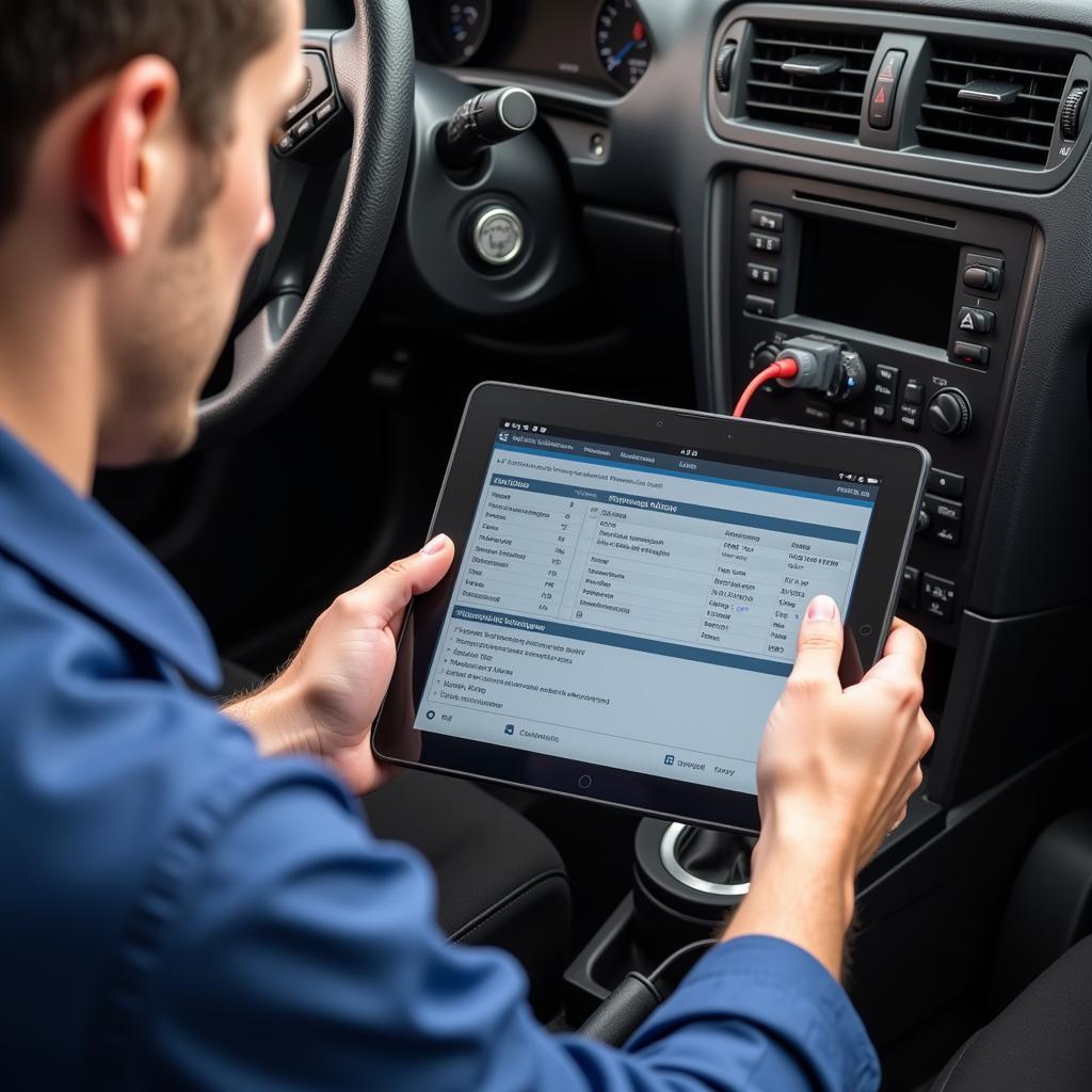Mechanic using a tablet-based diagnostic tool