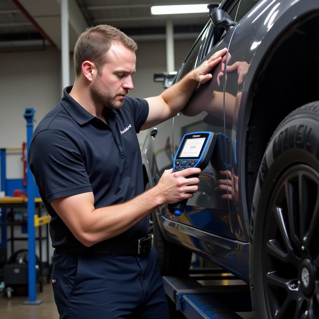 A mechanic using a Troy Foxwell scanner to diagnose a car in a professional workshop setting.