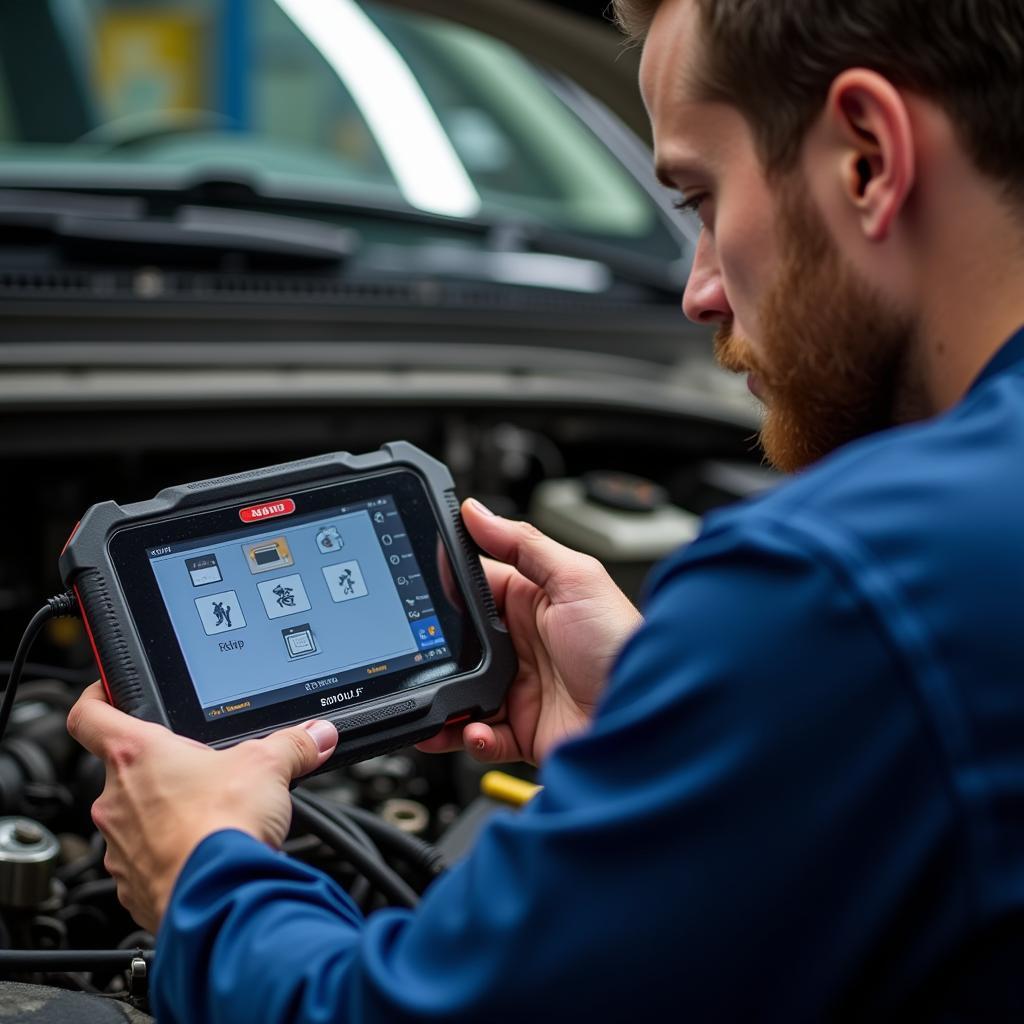 Mechanic Diagnosing Car Problem with U480 Scanner