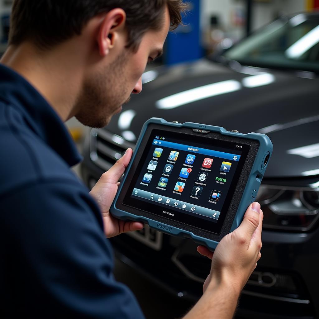 Mechanic Using VAG 1551 Diagnostic Tool in Workshop