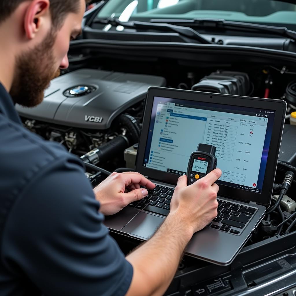 Mechanic Using VCI OBD2 for Car Diagnostics