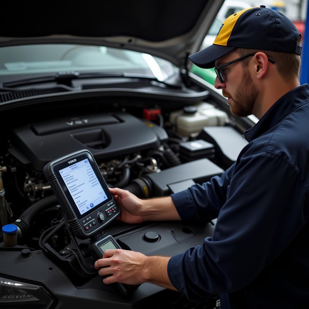 Mechanic using a Volvo VST scan tool to diagnose a car issue