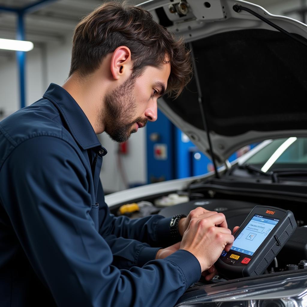 Mechanic Diagnosing Car with W2977