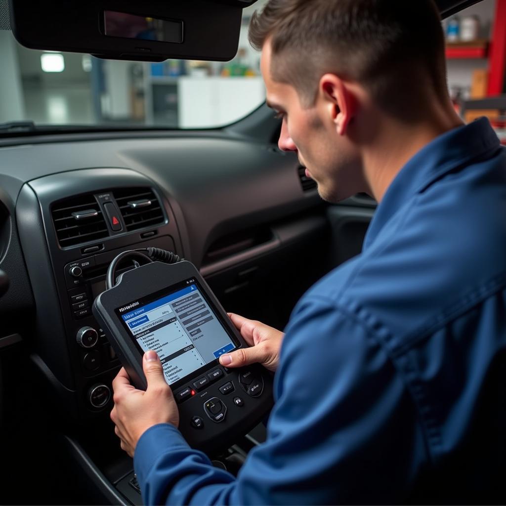 Mechanic Using a Webcam Vulnerability Scanner on a Car