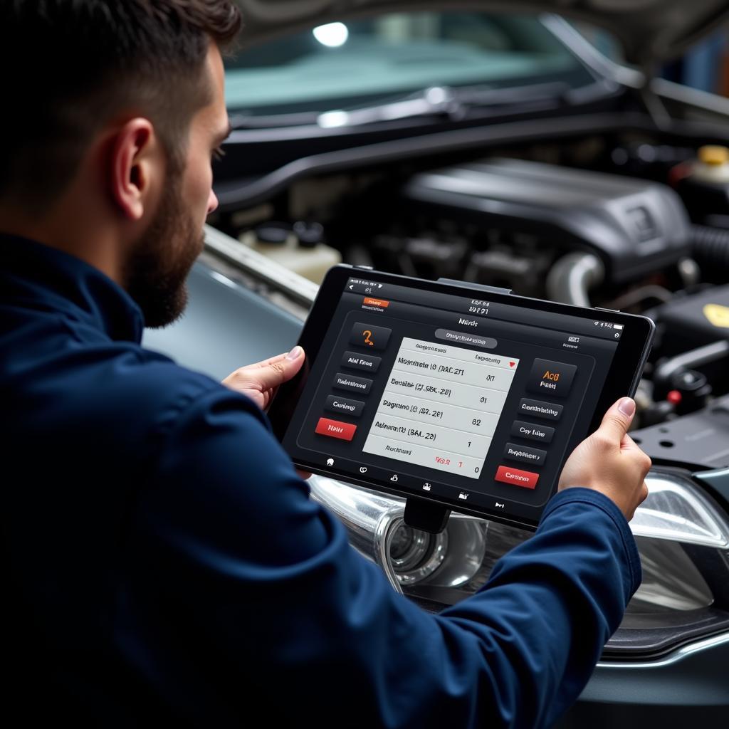 Mechanic Using Wireless Diagnostic Tool