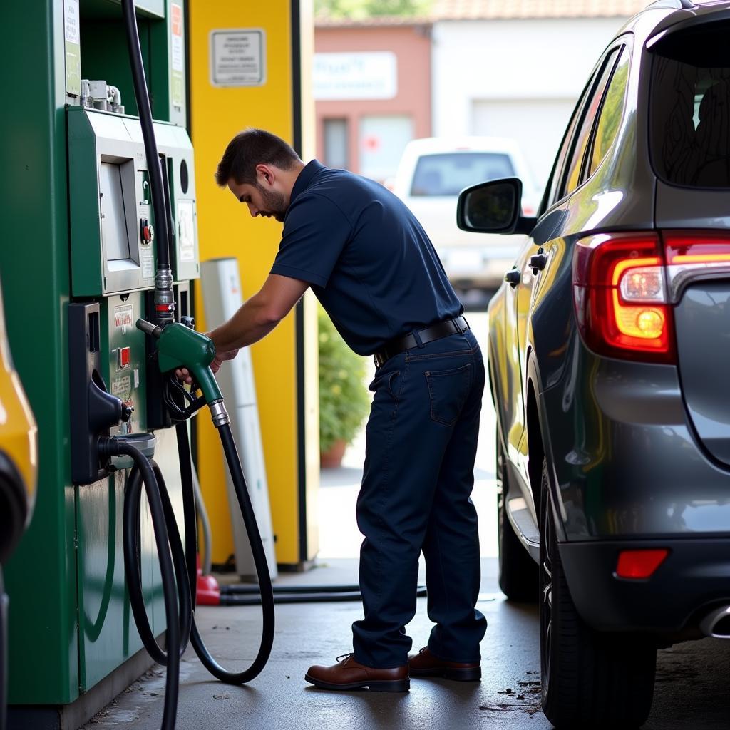 A mechanic draining fuel from a car at a designated station