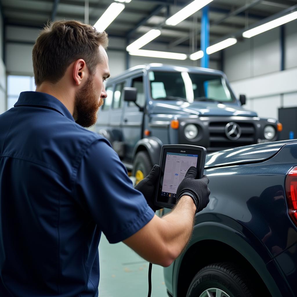 A modern auto repair shop using advanced diagnostic scan tools