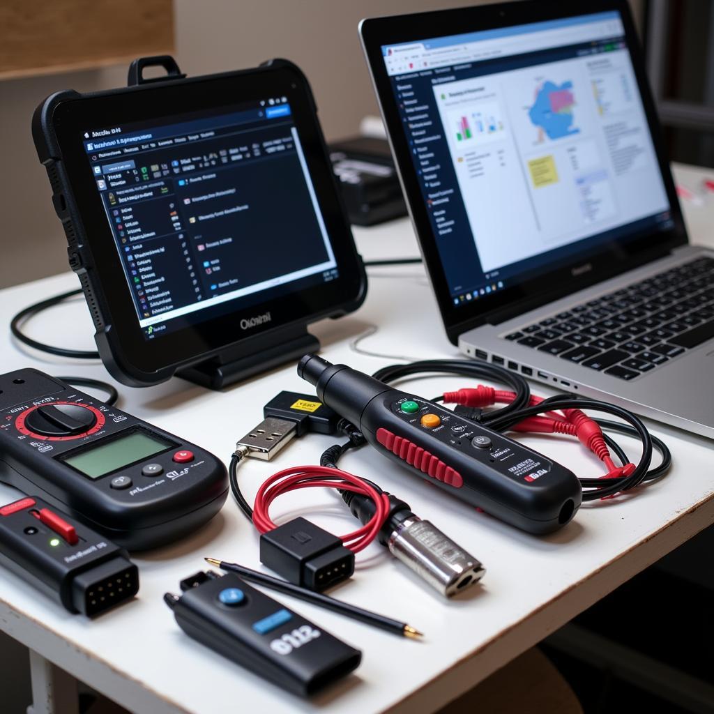 Modern car diagnostic tools and equipment arranged on a workbench