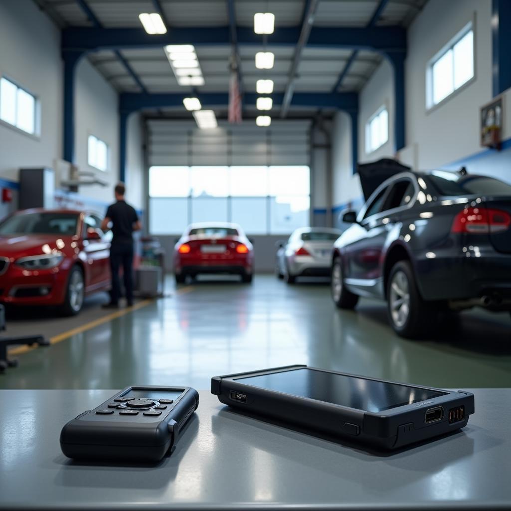 Modern car repair shop with a scan tool in use