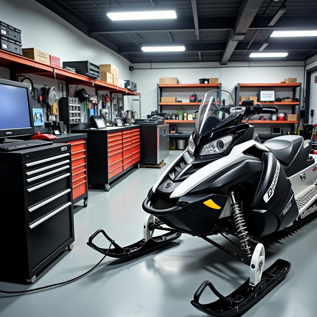 A modern snowmobile diagnostic setup in a workshop