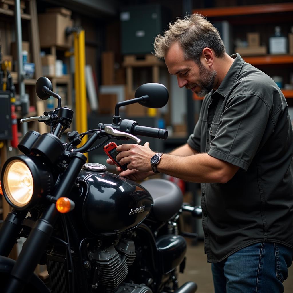 Motorcycle Owner performing a check-up