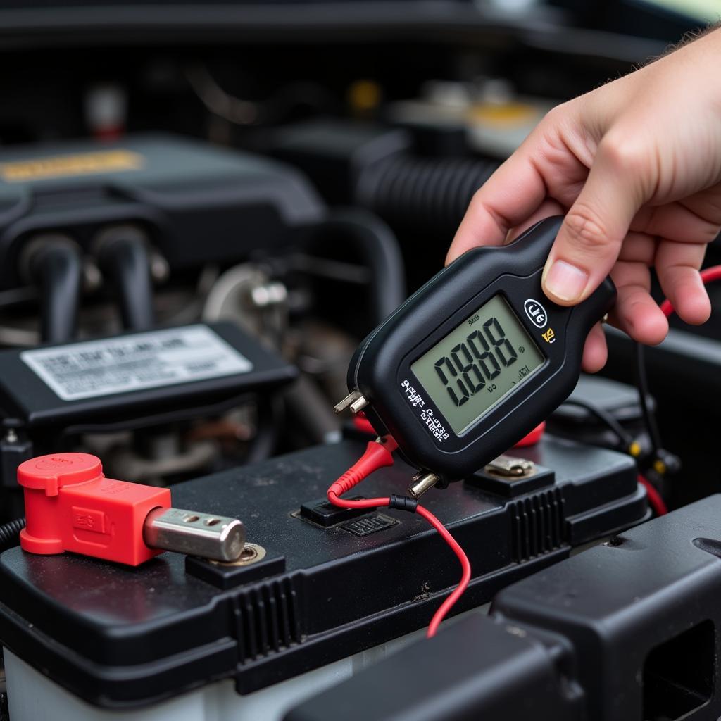 Multimeter measuring car battery voltage