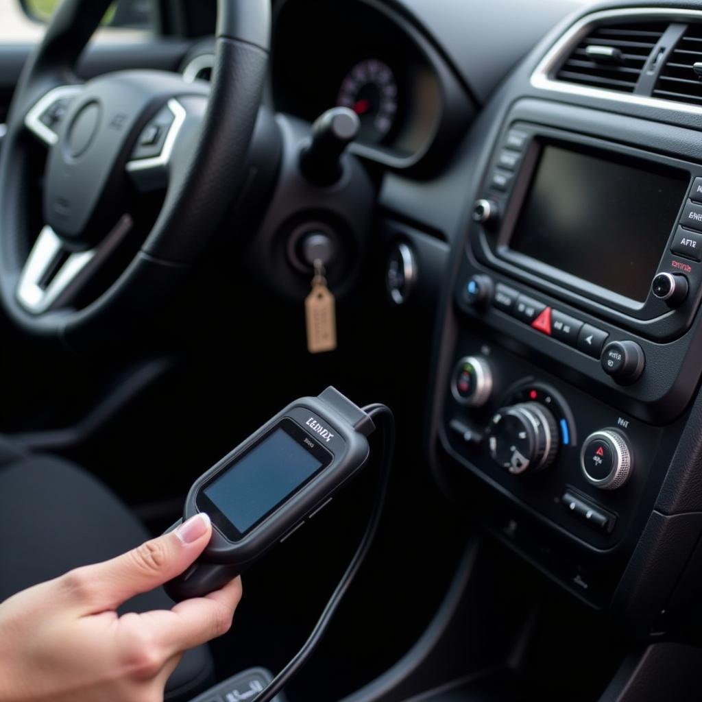 An OBD-II scan tool connected to a car's diagnostic port