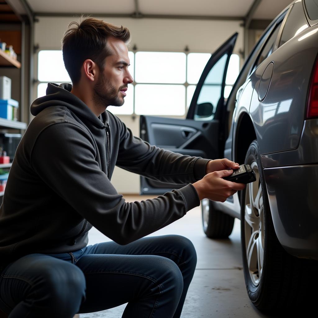 Car owner using an OBD2 scanner at home