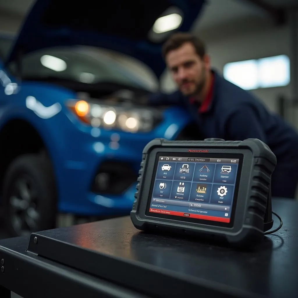 Professional-grade automotive scan tool with a mechanic in the background