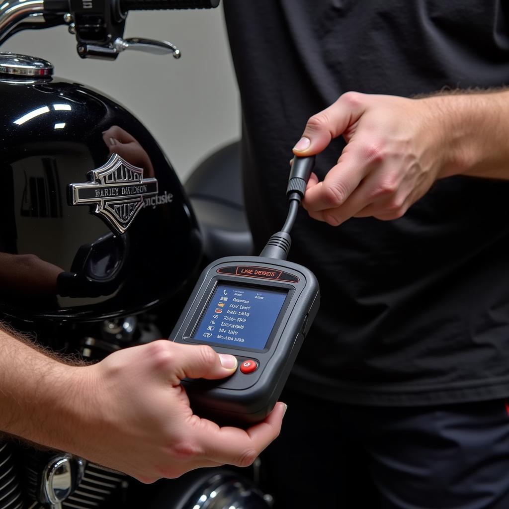 Professional Mechanic Using a Handheld Diagnostic Scanner on a Harley Motorcycle