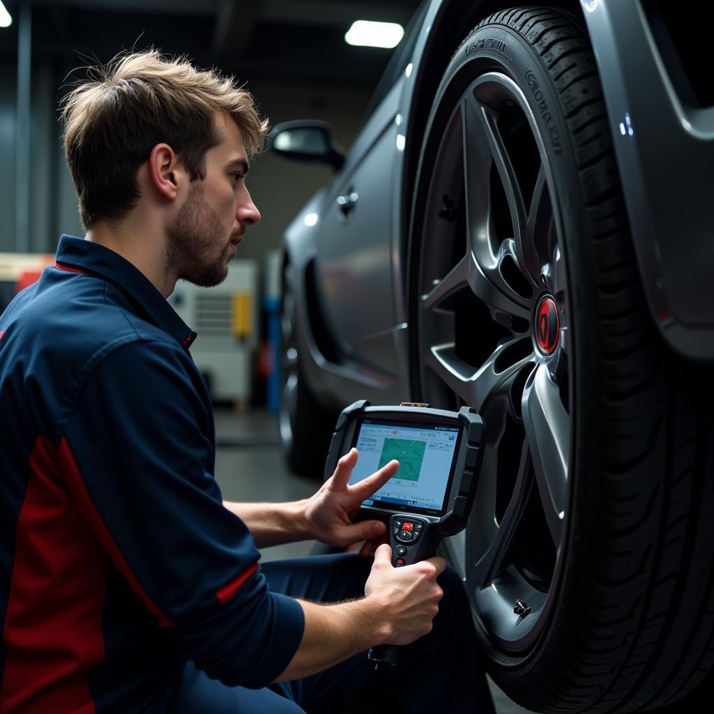 A mechanic using a professional-grade Tech2 scan tool