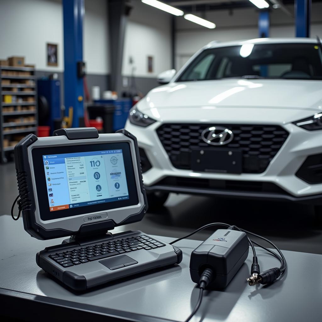 Professional garage with a Hyundai vehicle connected to a diagnostic tool