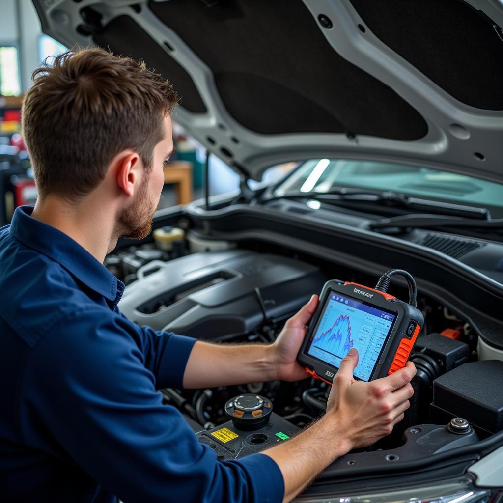 Mechanic using a professional-grade scan tool on a car