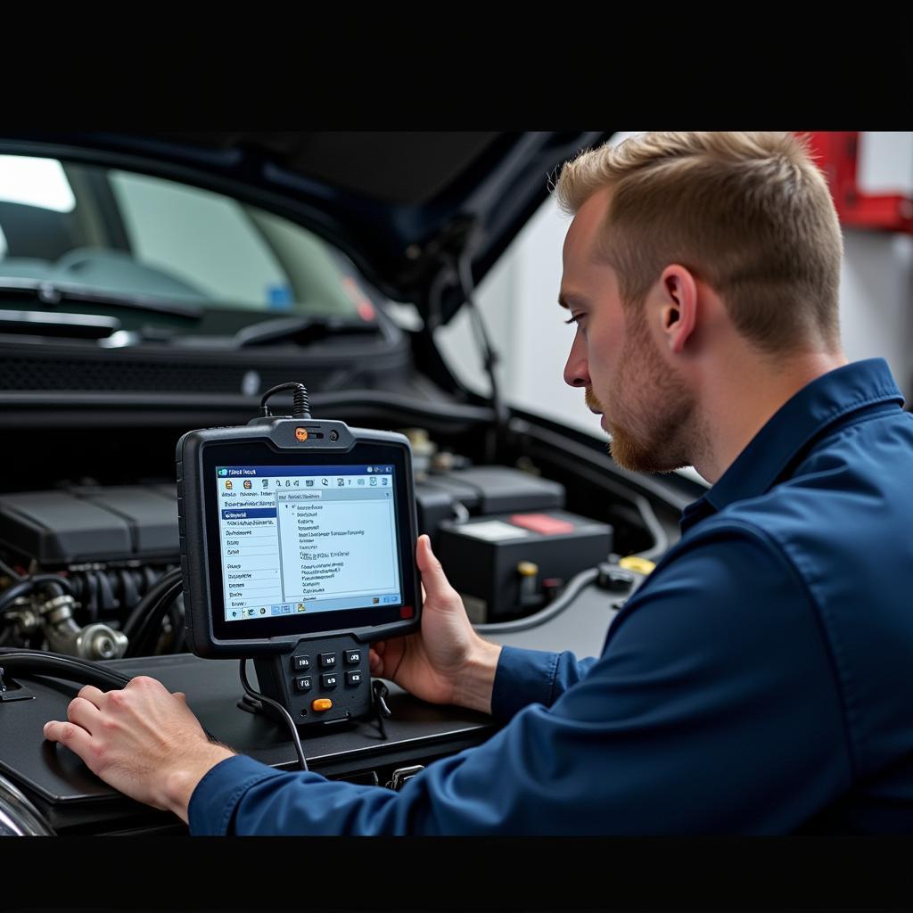 A professional mechanic using a scan tool to diagnose a car.