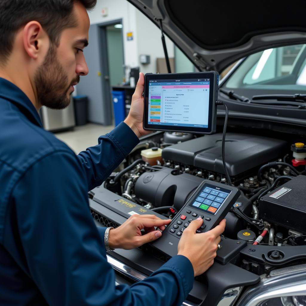 A Professional Automotive Technician Using a Hard Disk Scan Tool