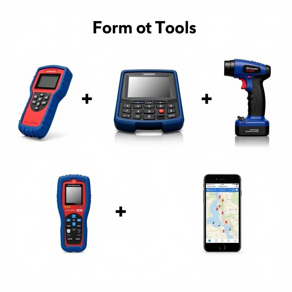 Different types of scan tools on a workbench.