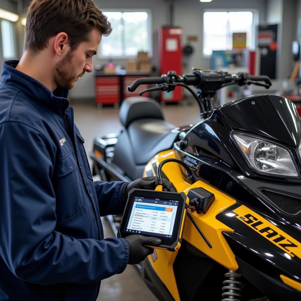 Mechanic diagnosing a snowmobile using a diagnostic tool