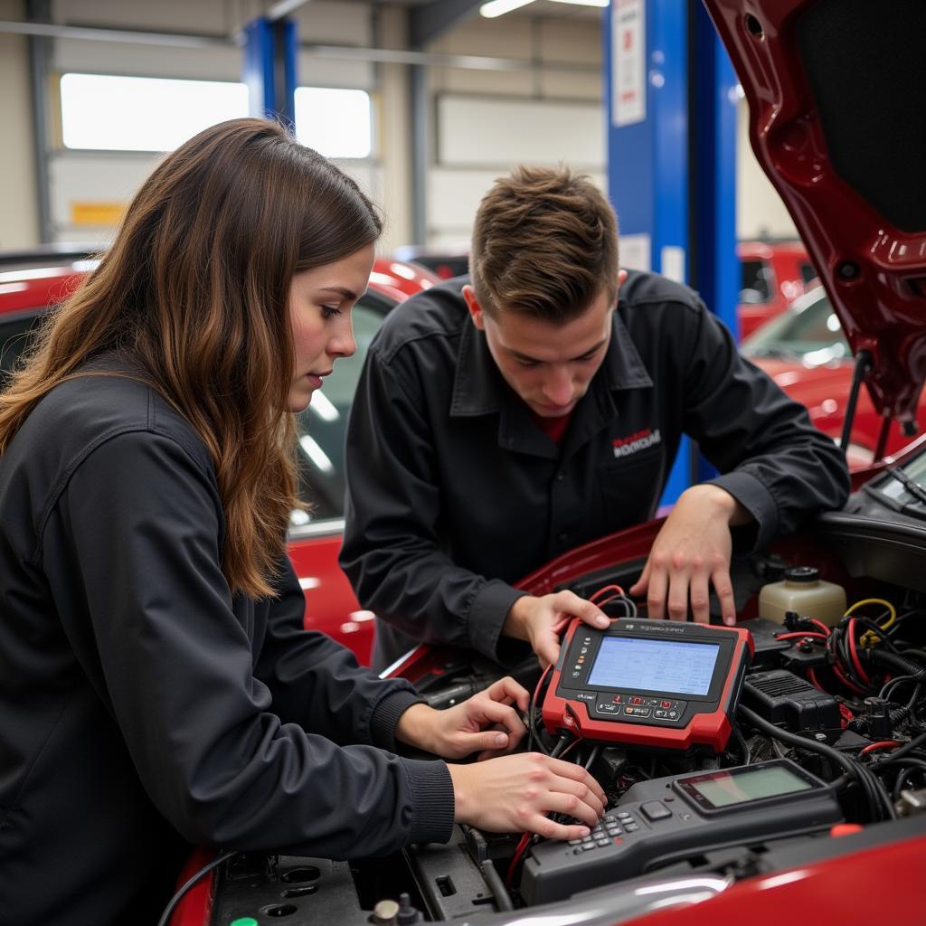 Students using diagnostic tools to troubleshoot a car problem