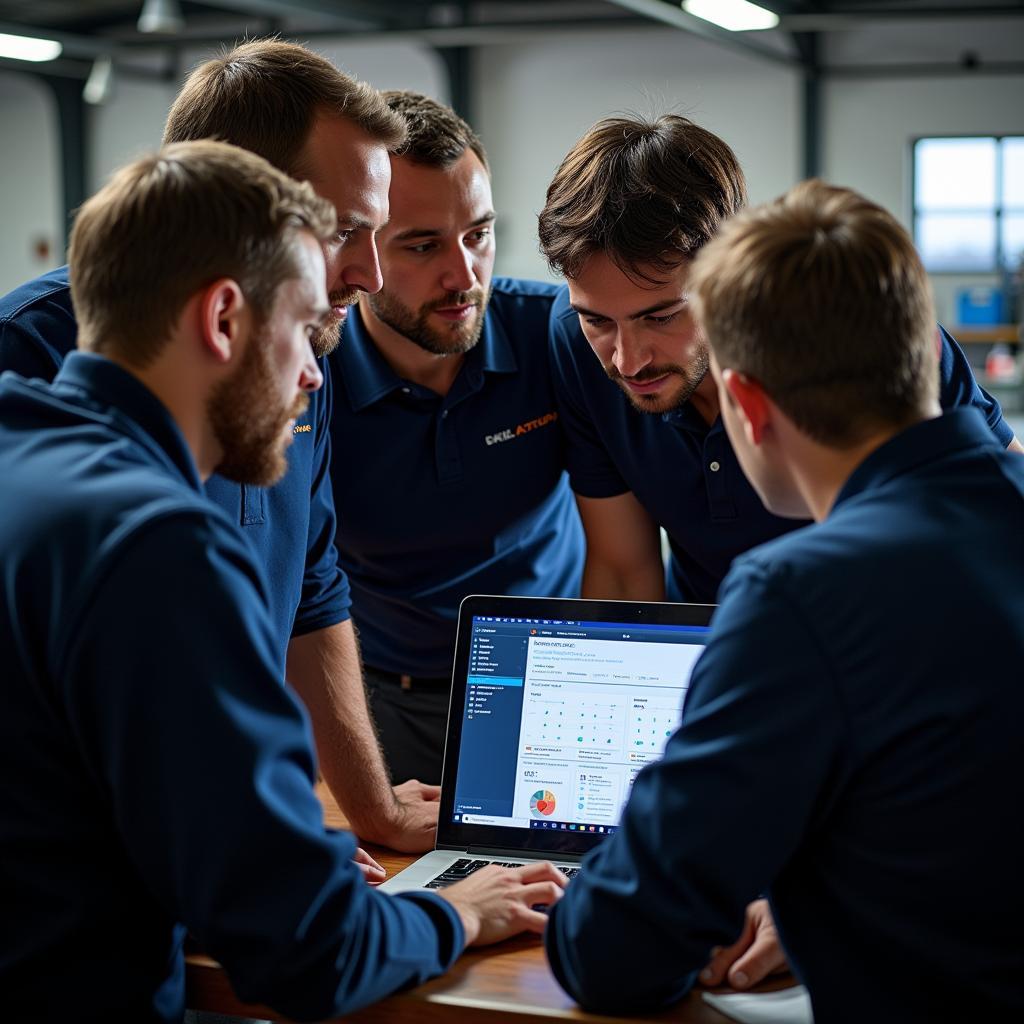 Team of Mechanics Discussing Diagnostics on a Laptop