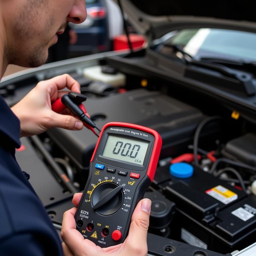 Technician testing a car battery with a multimeter